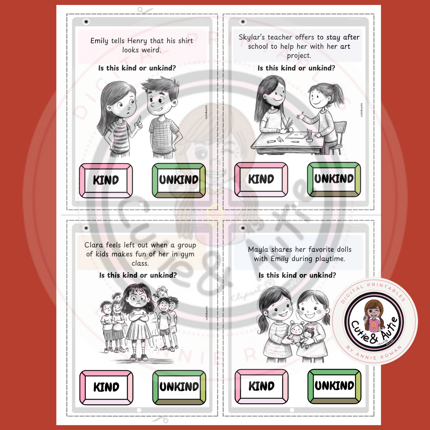 SOCIAL SKILLS: Kindness & Unkindness Cards for kids with autism / 24 cards