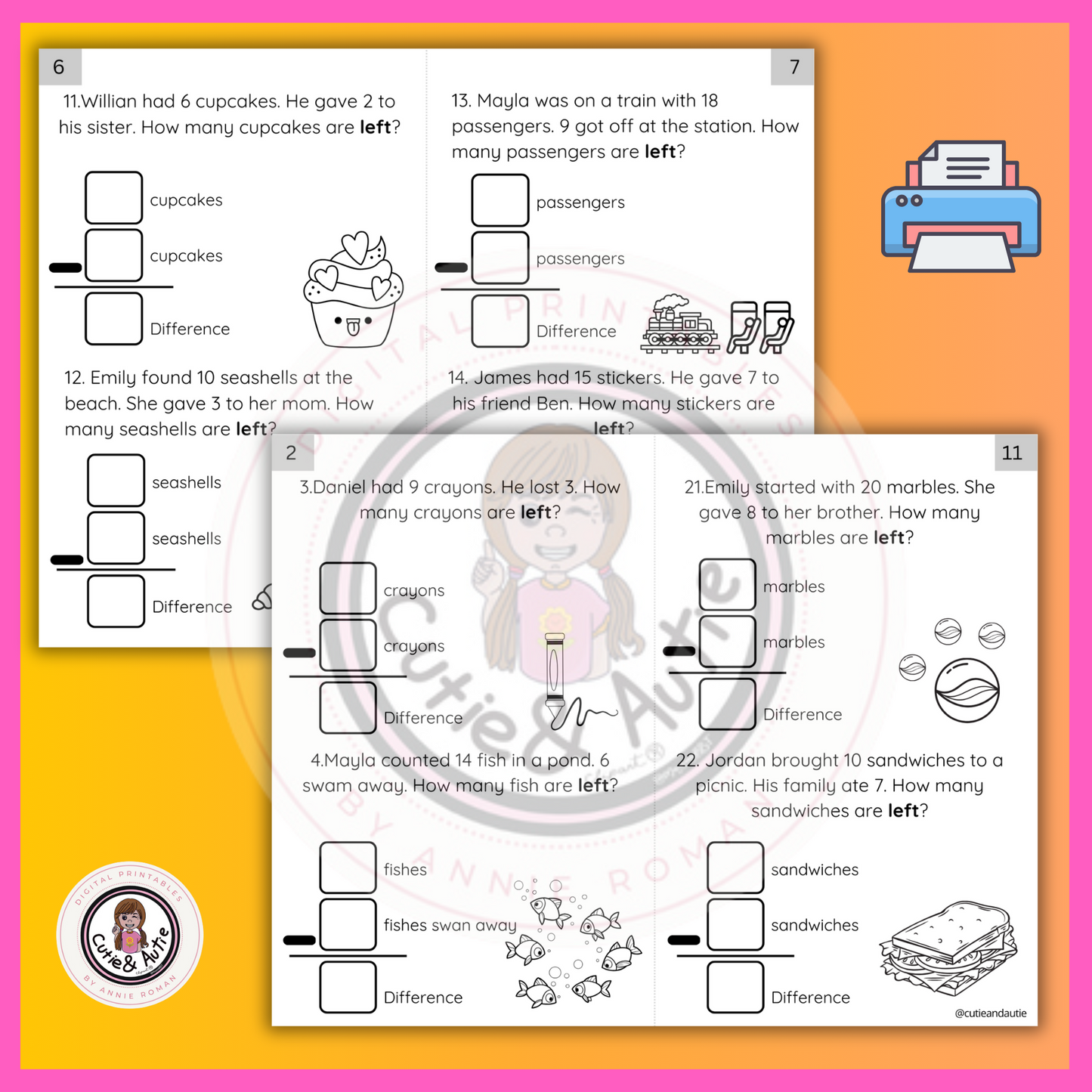 Word Problems for 1 & 2 grades/ focus on the word "LEFT," 24 questions / 1-20