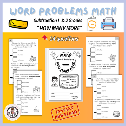 How Many More? Subtraction Word Problem Booklet/ FIRST GRADE 24 QUESTIONSB