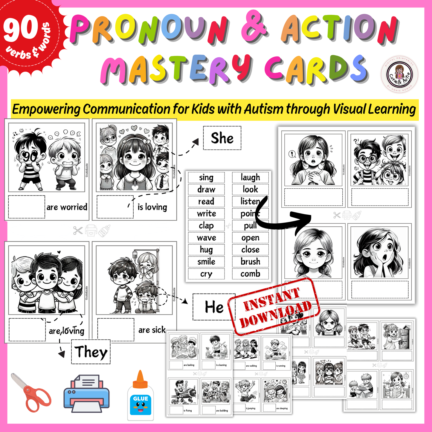 Pronoun & Action Mastery Cards/ + actions verbs + they, he, or she 170 cards