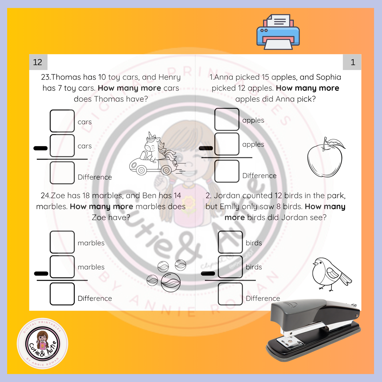 How Many More? Subtraction Word Problem Booklet/ FIRST GRADE 24 QUESTIONSB