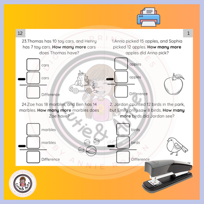 How Many More? Subtraction Word Problem Booklet/ FIRST GRADE 24 QUESTIONSB