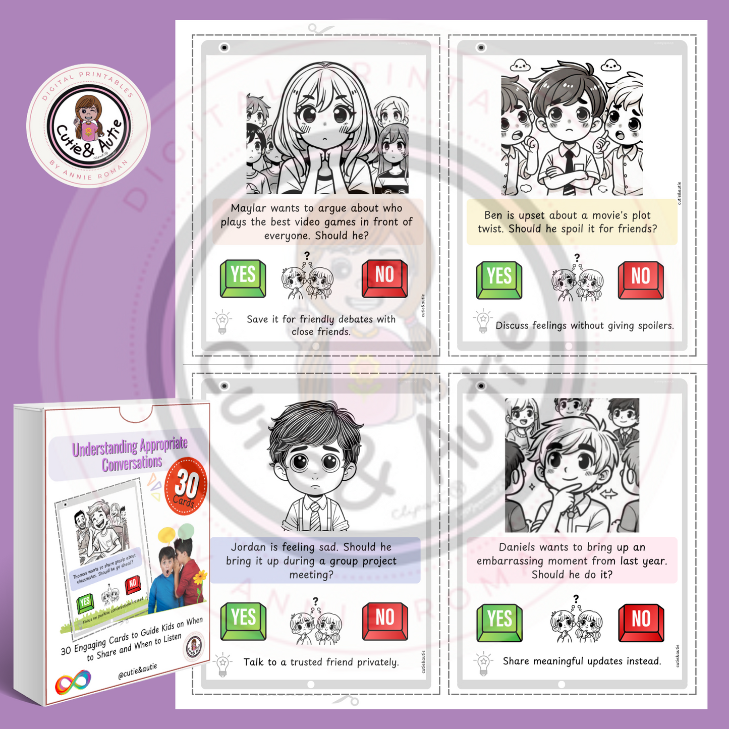 Social Skills : Understanding Appropriate Conversations 30 cards + datasheet