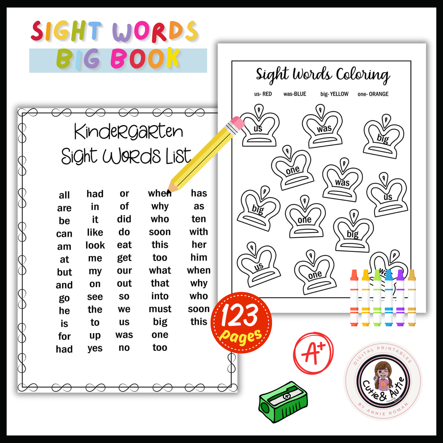 Kindergarten Sight Words Workbook 123 PAGES Interactive Learning for kids