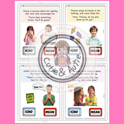 Kind or Mean? Social Skills Cards for Kids 27 cards with data sheet