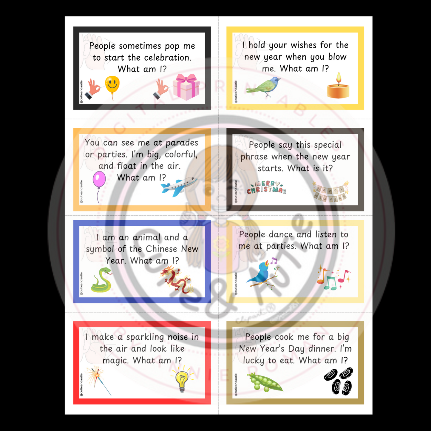 Happy New Year Guessing Game!Engaging Auditory Cards for Kids 30 cards + box