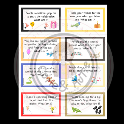 Happy New Year Guessing Game!Engaging Auditory Cards for Kids 30 cards + box