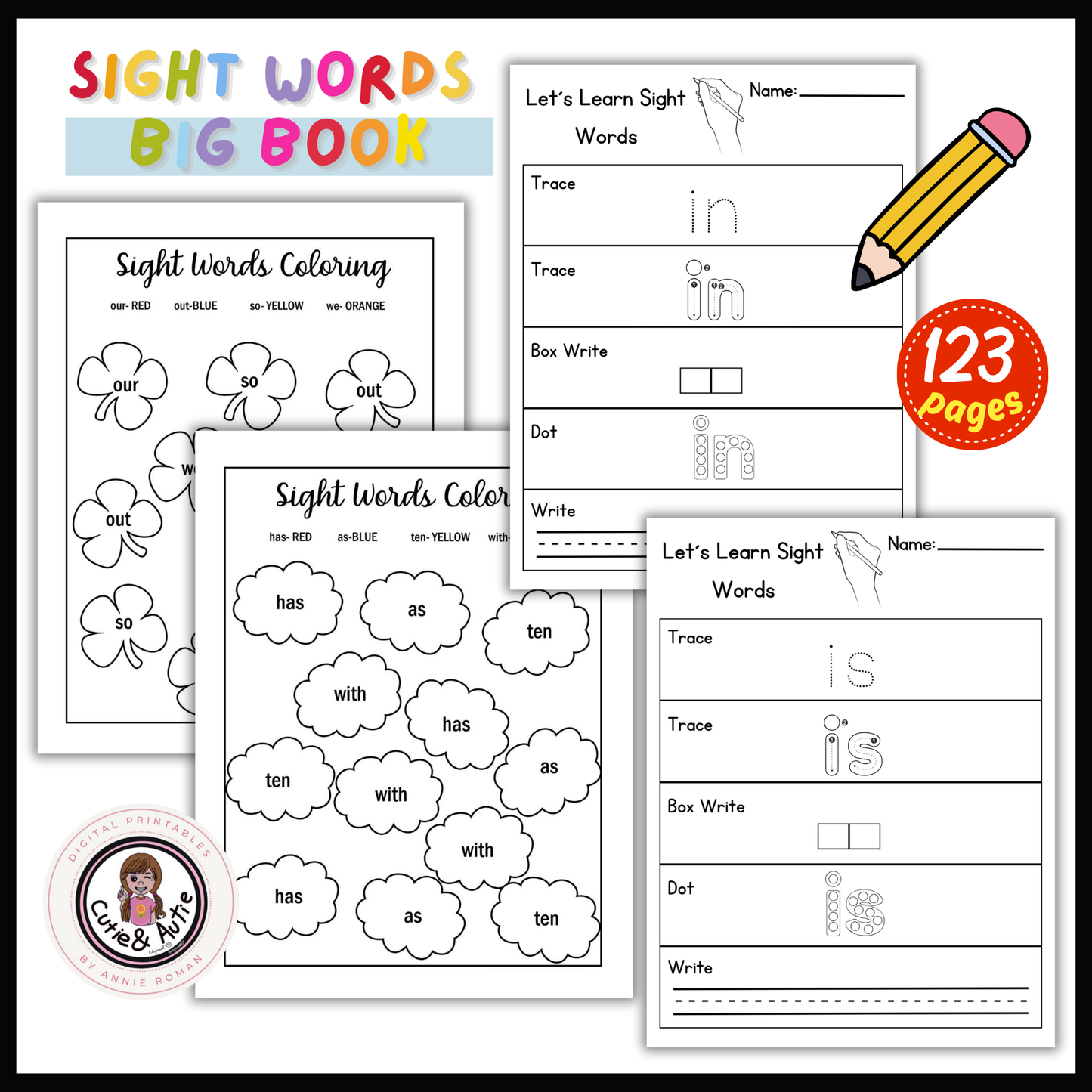 Kindergarten Sight Words Workbook 123 PAGES Interactive Learning for kids